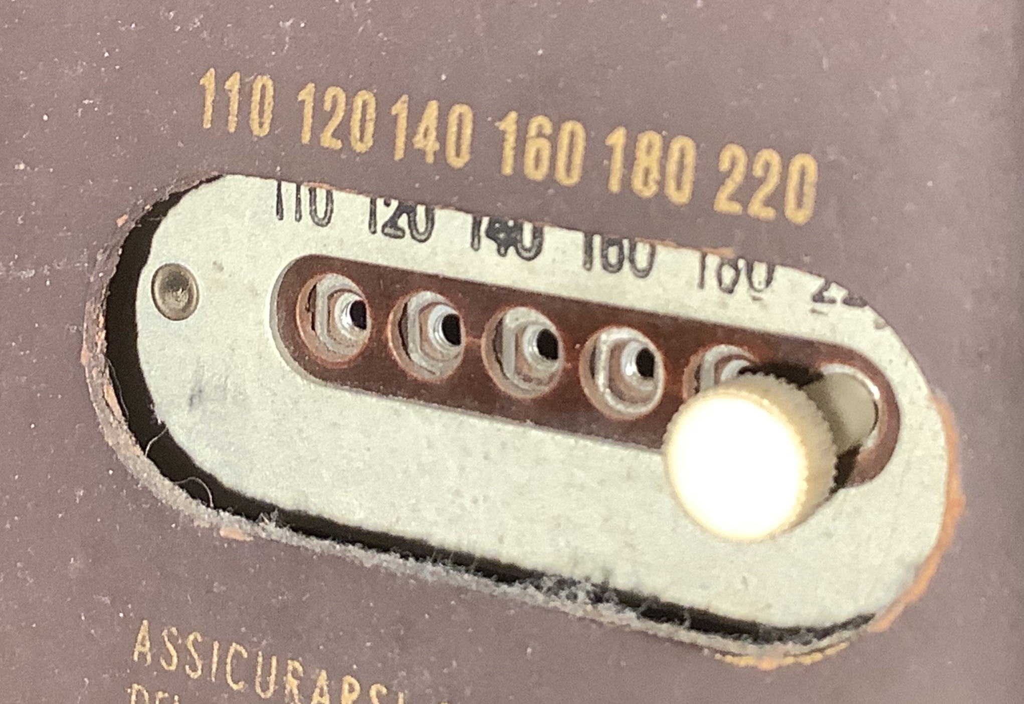 A voltage selector switch, found on an old tube radio. Taps for many different voltages are present.