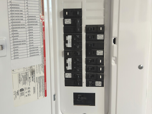 A general overview of an American breaker panel.