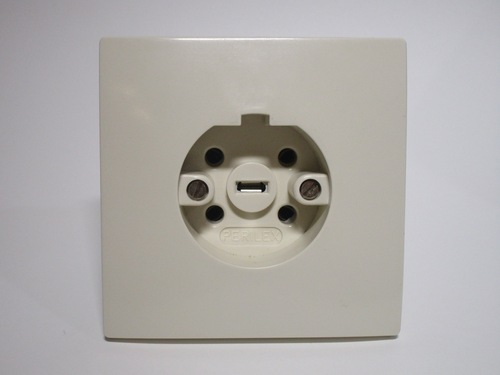 Front view of the Perilex socket. There are four round contacts for the phases and neutral and a flat one for the earth. All are inside a deep recess.