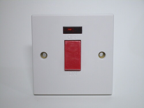 Front of the isolator switch. The switch itself is red and labelled 'on' and 'off'. Above it, a red indicator light is present.