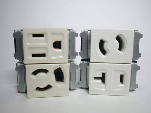 View of different kinds of modules: 3-prong 15A, 3-prong twist-lock, 2-prong twist-lock, 2-prong 20A.