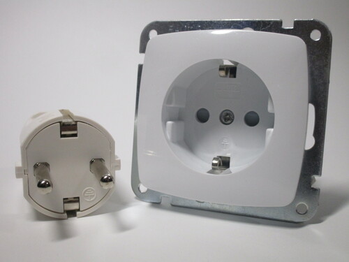 Schuko plug and socket; the socket is recessed.